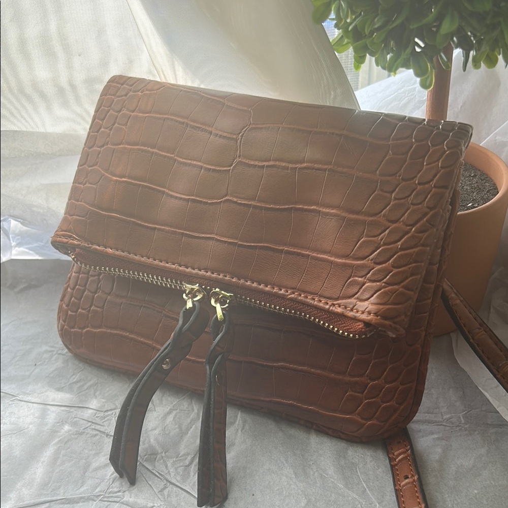 JustFab Brown Crossbody Bag with Crocodile Embossing
